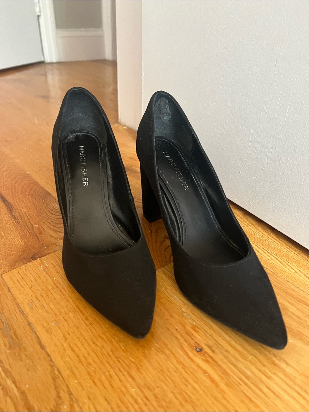 Marc Fisher Black Suede Pointed Block Heel Pumps